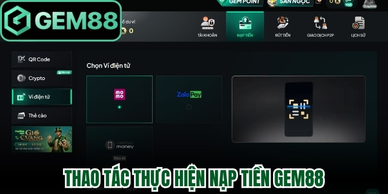 Thao tác thực hiện nạp tiền Gem88